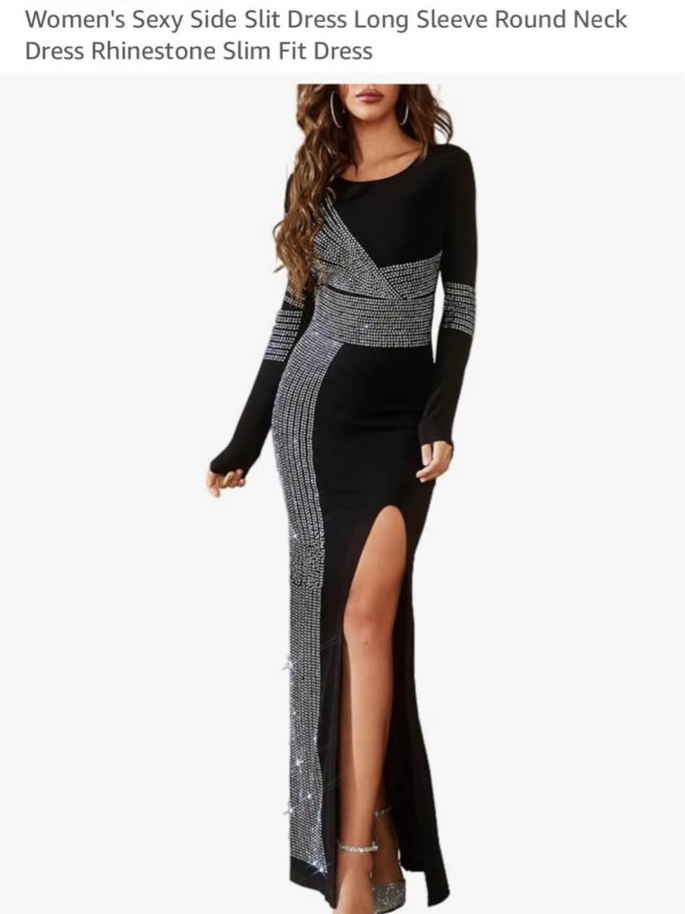 Black Studded Long Sleeve High Side-Slit Evening Dress